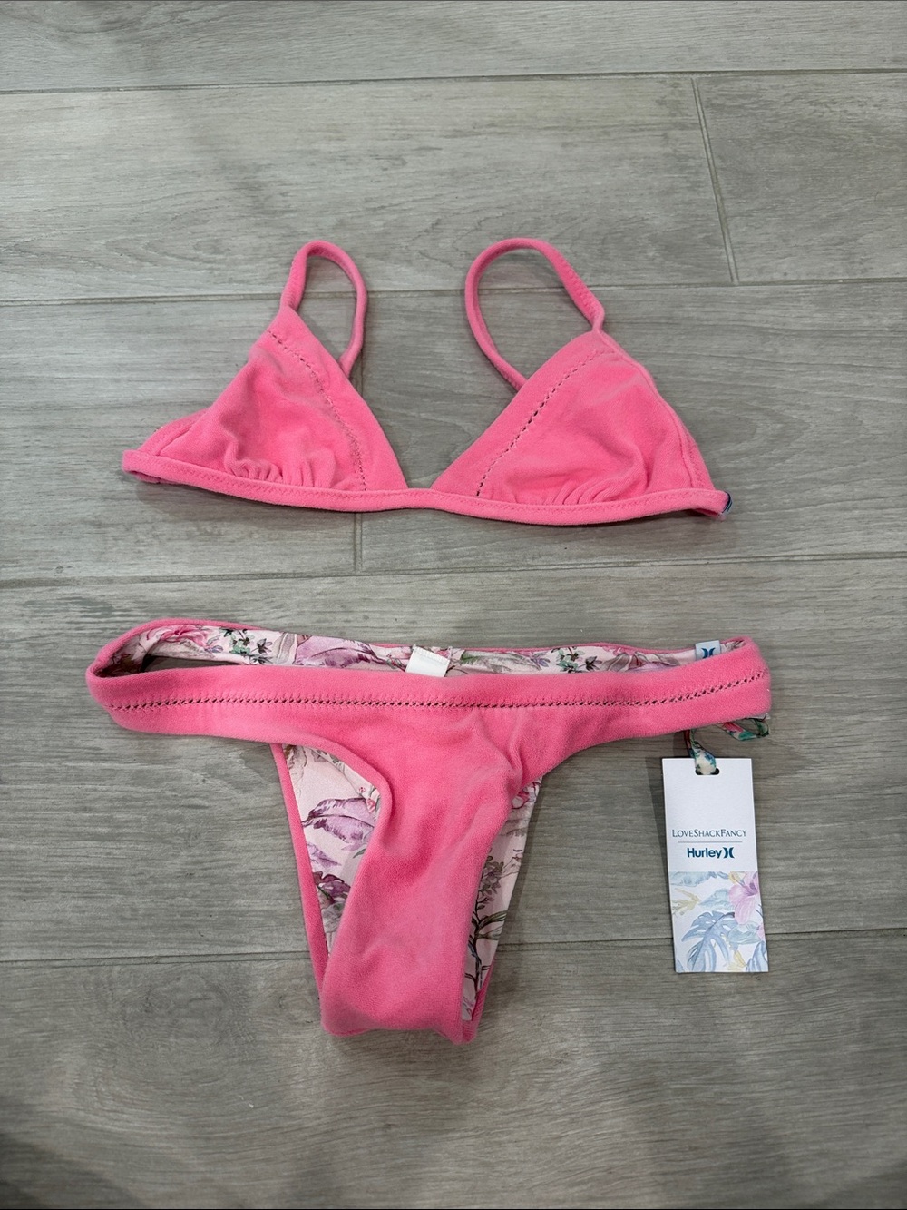 Hurley Pink Triangle Bikini Set with Floral Lined Bottoms